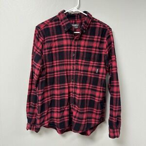 Eddie Bauer Mens Flannel Shirt Medium Red Black Plaid Long Sleeve Button Down